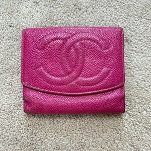 Vintage CHANEL CC Bifold Wallet Leather Caviar Fuschia Pink Italy